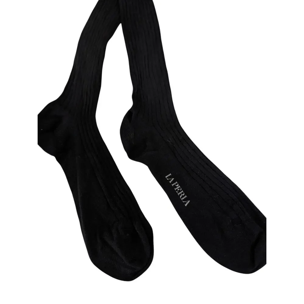 NWT La Perla Black Ribbed Cashmere Silk Tall Socks Mens Size 11